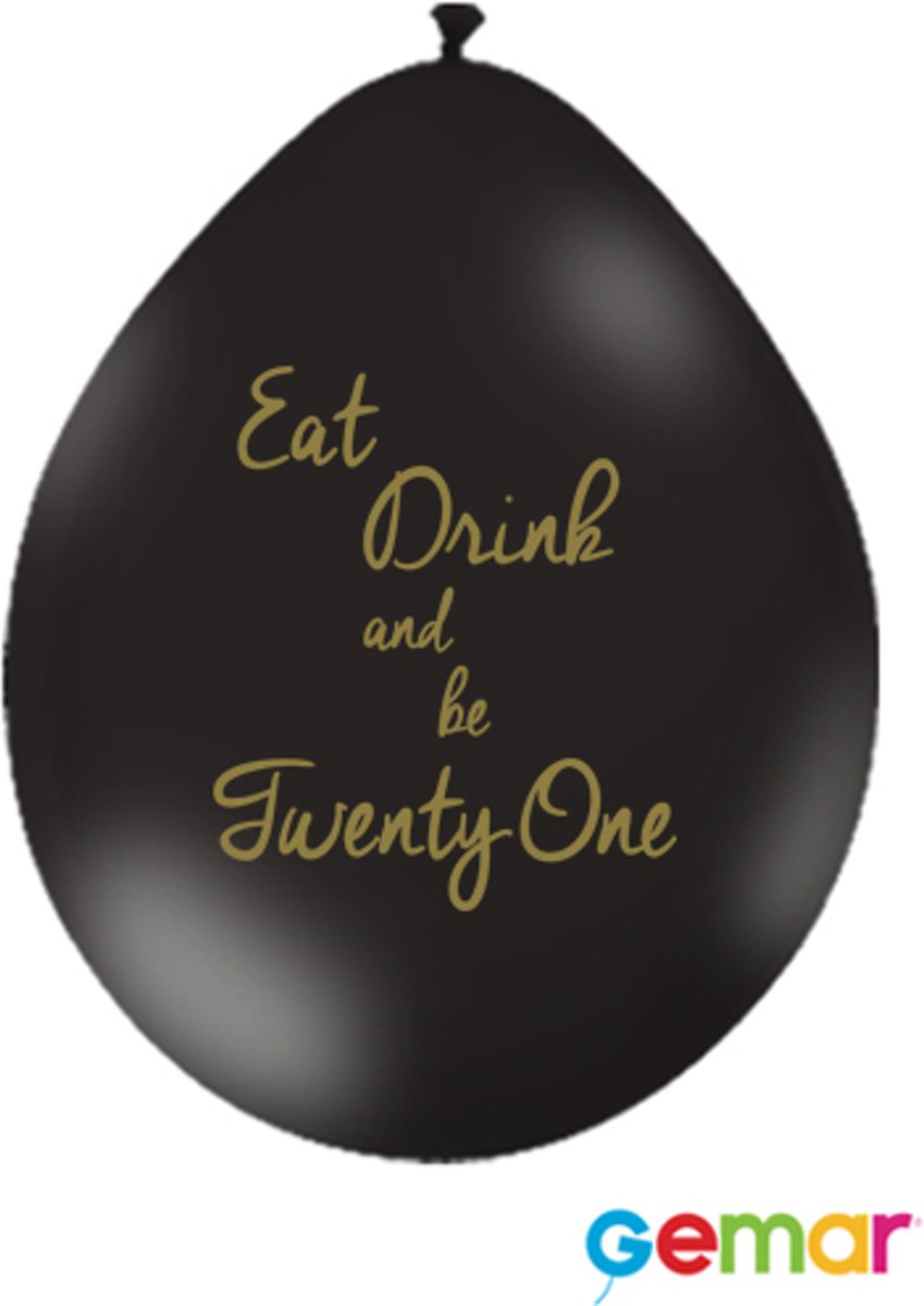 Ballonnen “Eat drink and be 21” Zwart met opdruk Goud (lucht)