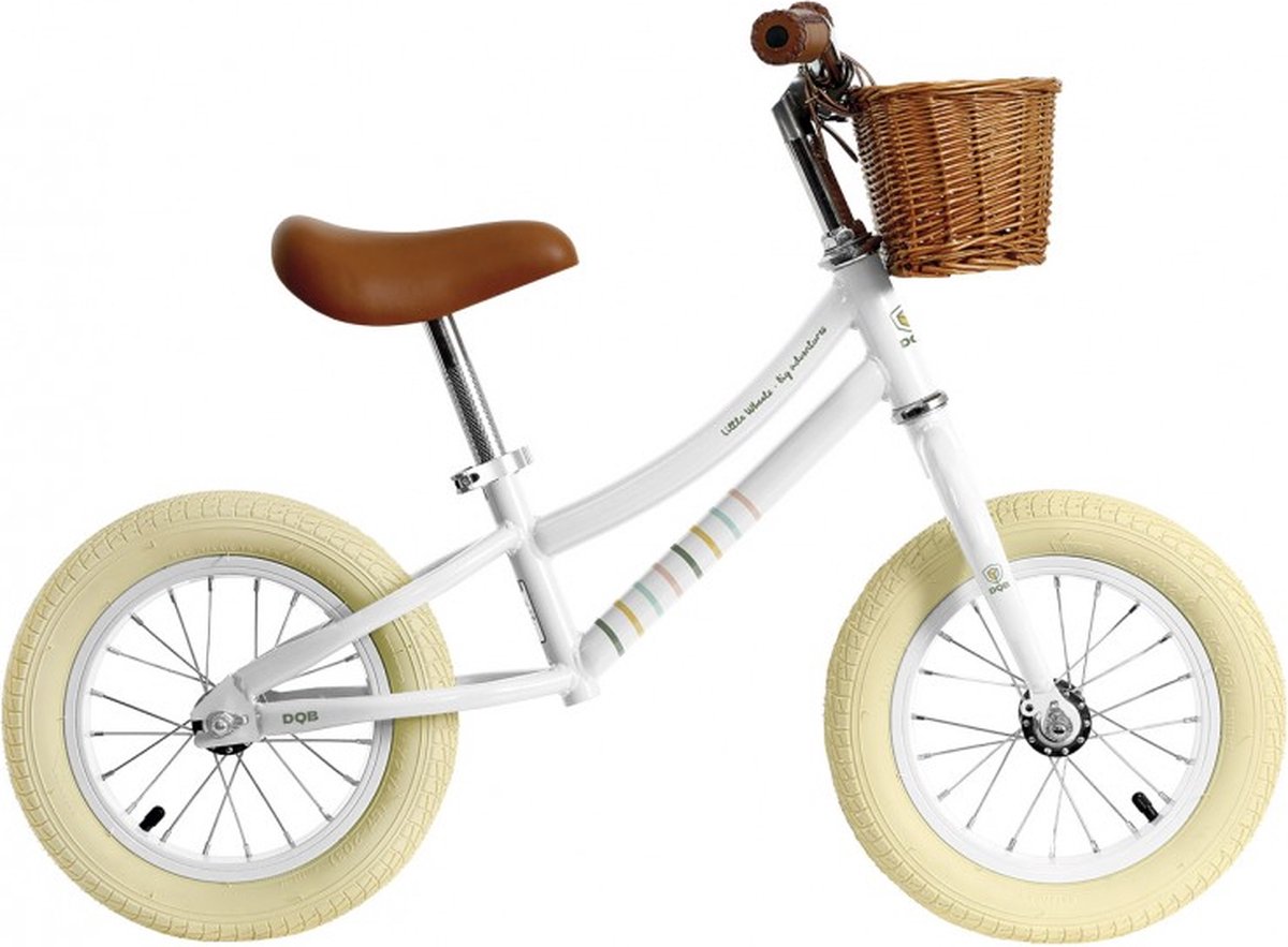 DeQube Loopfiets met Twee Wielen - Wit - Met Retro Mandje - Vanaf 2 Jaar - Inclusief Stickers en Bel - Vintage Design - 12 Inch - Met Handvatten van Leer