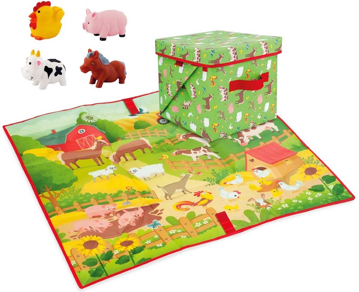 Speelkleed en Opbergbox in 1 - DeQUBE - Boerderij Speelmat en Opbergkist met Deksel - Inclusief 4 Speelfiguren - 85 x 85 cm