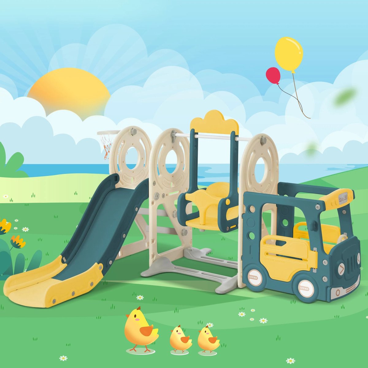 DeXem - Baby Glijbaan Baby Speeltuin Schommel Voor Kinderen - Multifunctionele Kinderpark - Schommel Combinatie Indoor Glijbaan Enkele Glijbaan - vrachtwagen cabine - speeltoestel - klim toestel.