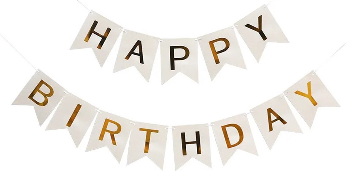 Happy Birthday Slinger Feest & Verjaardag Versiering Vlaggenlijn Decoratie Wit & Goud - 1 Stuk