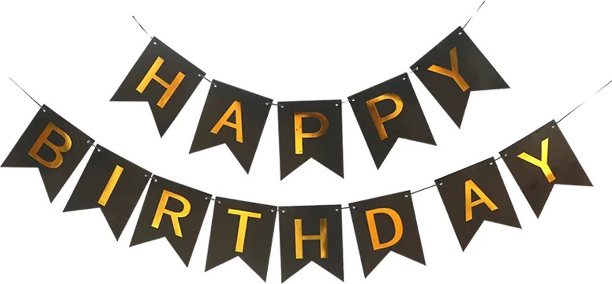 Happy Birthday Slinger Feest & Verjaardag Versiering Vlaggenlijn Decoratie Zwart & Goud - 1 Stuk