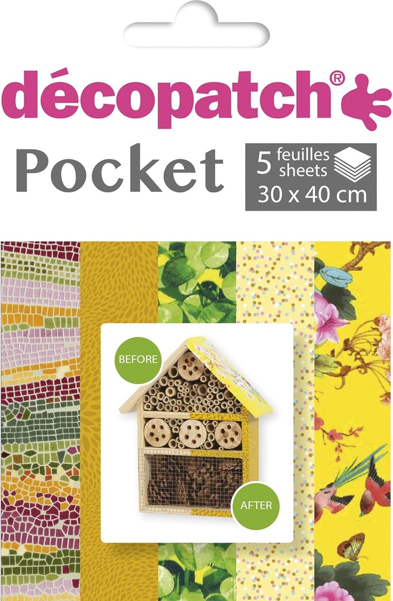Decopatch Pocket No26 pocket met 5 vellen bedrukt papier 30x40 cm, diverse patronen (ref. 509-654-404-746 en 750)