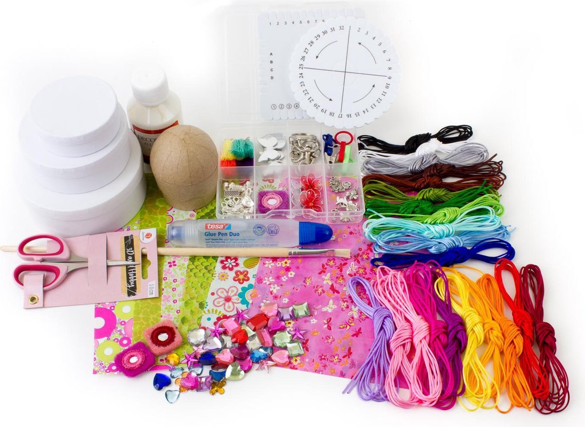 Luxe creatieve knutsel box decoupage knutselmaterialen box satijnkoord kumihimo japans vlechten cup-cake origineel cadeau direct aan de slag kinder knutselen tule bloem decopatch uniek sint kerst cadeau