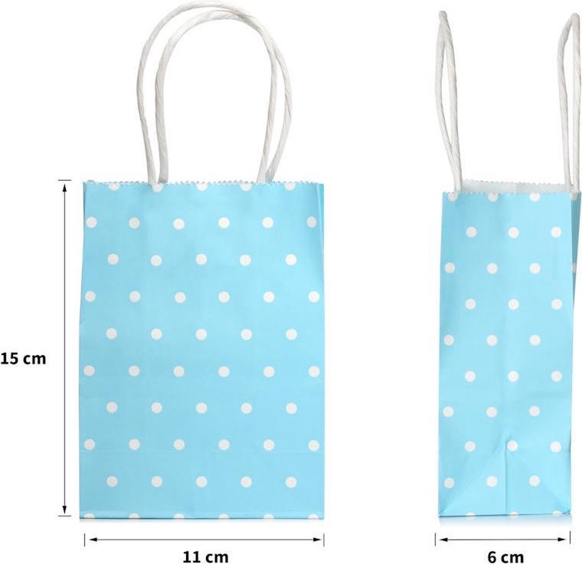 12 STUKS Gekleurde papieren zakjes met Witte Stippen met handvat - Bruiloft / Traktatie / Uitdeelzakjes - Gift bags - Cadeauzakjes - Papieren tasjes - Papieren Draagtas - Jongens & Meisjes - Kinderfeestje - Afm. 11 x 6 x 15 Cm. - Decopatent®