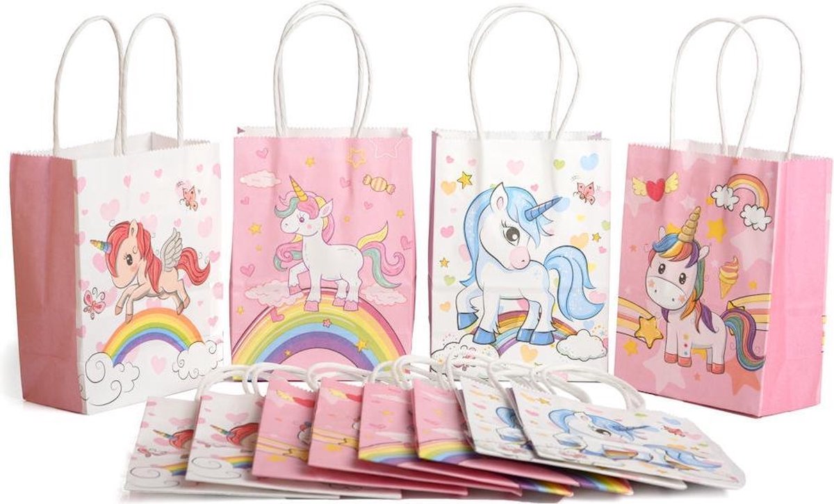 12 STUKS MIX Unicorns / Eenhoorn Traktatie Uitdeel papieren zakjes met handvat - Uitdeelzakjes Unicorn - Gift bags - Cadeauzakjes - Papieren tasjes - Papieren Draagtas - Jongens & Meisjes - Kinderfeestje - Afm. 11 x 6 x 15 Cm. - Decopatent®
