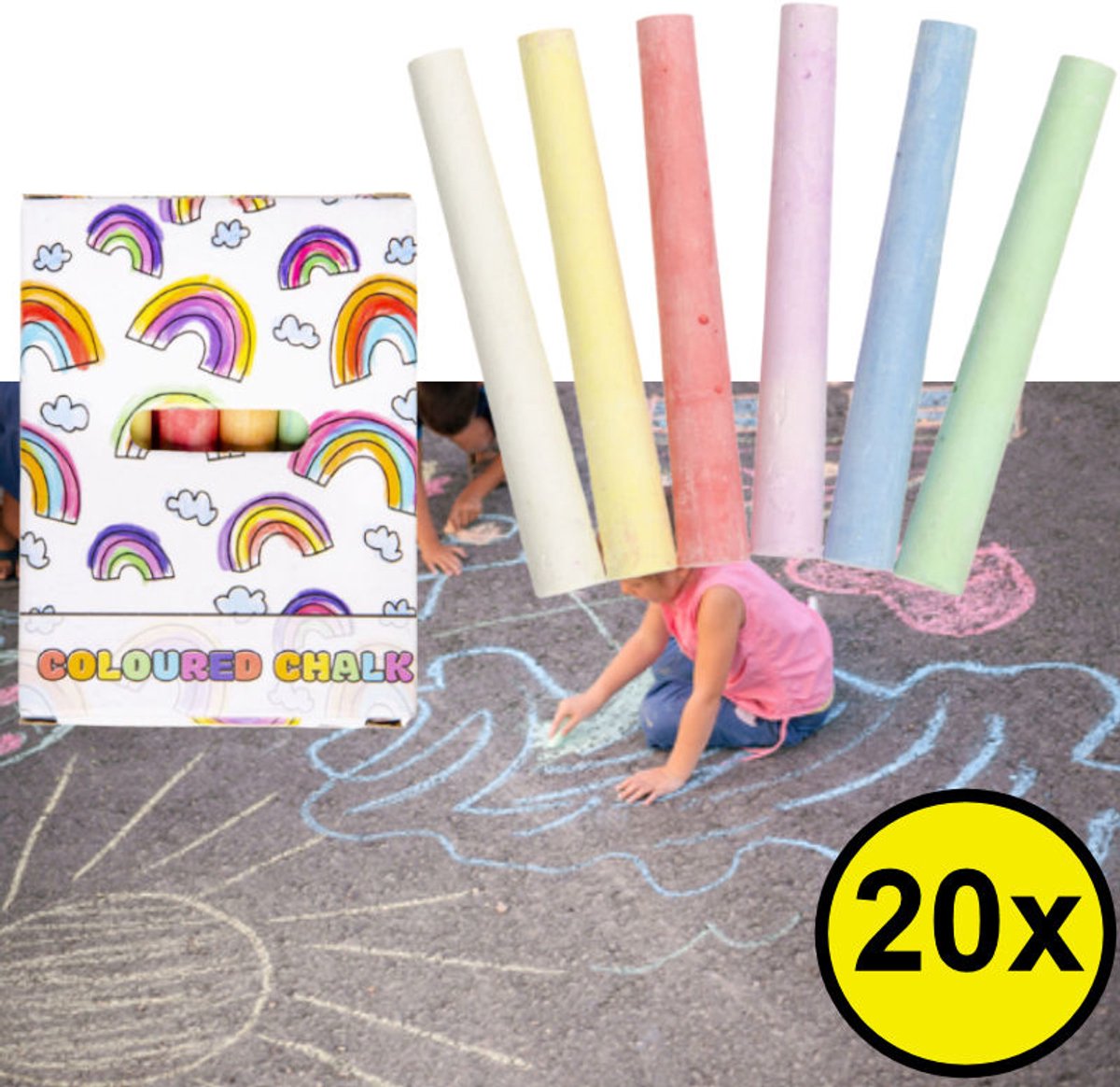 Decopatent 20 STUKS Kleine 12-Delige Regenboog Stoepkrijt in Doosje - Uitdeelcadeaus - Speelgoed Traktatie Uitdeelcadeautjes voor kinderen