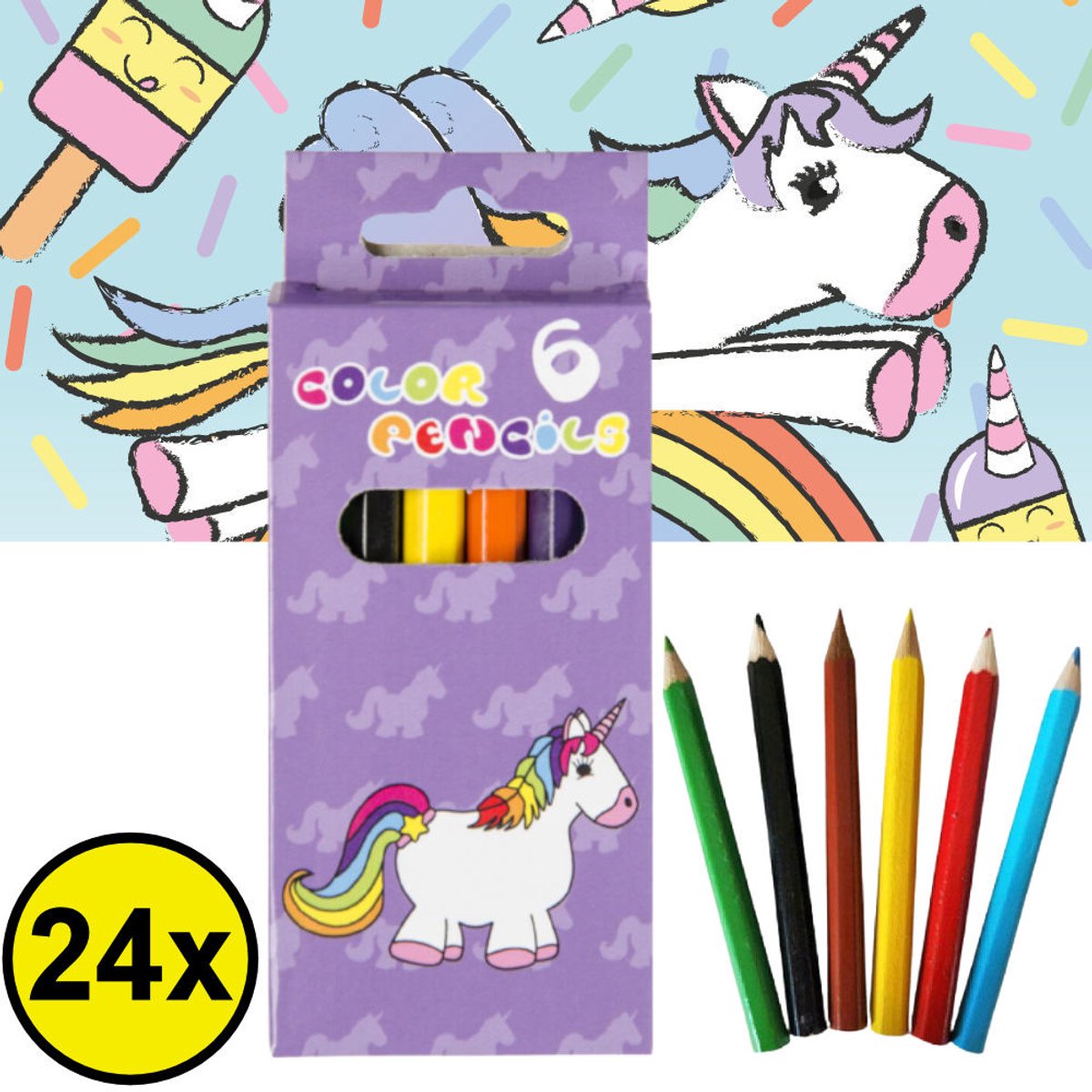 Decopatent 24 STUKS 6-Delige Unicorn Kleurpotloodjes - Traktatie Uitdeelcadeautjes voor kinderen - Klein Speelgoed - Uitdeelcadeaus - Kleurpotloden
