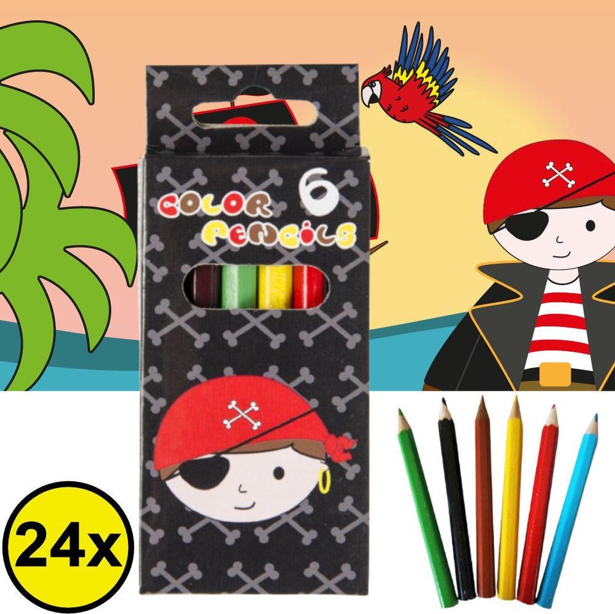 Decopatent® Uitdeelcadeaus 24 STUKS 6-Delige Piraten Kleurpotloodjes - Traktatie Uitdeelcadeautjes voor kinderen - Klein Speelgoed