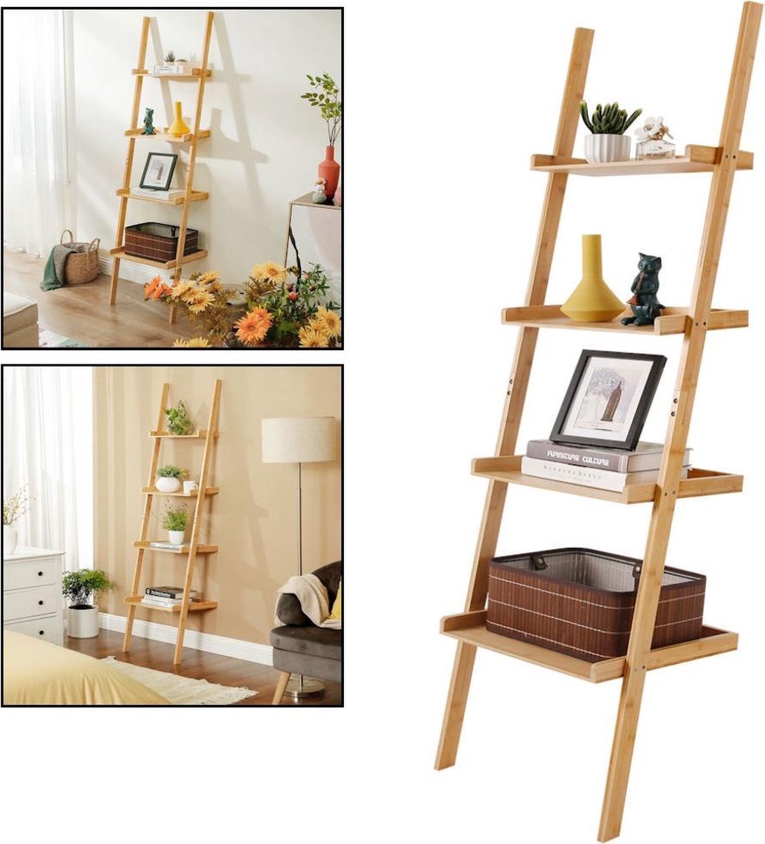 Ladderrek van bamboe hout - Houten decoratie ladder - Open ladderkast / bamboe ladder / plantentrap / boekenkast / traprek / ladder rek - luxe opbergrek met 4 treden - Decopatent®