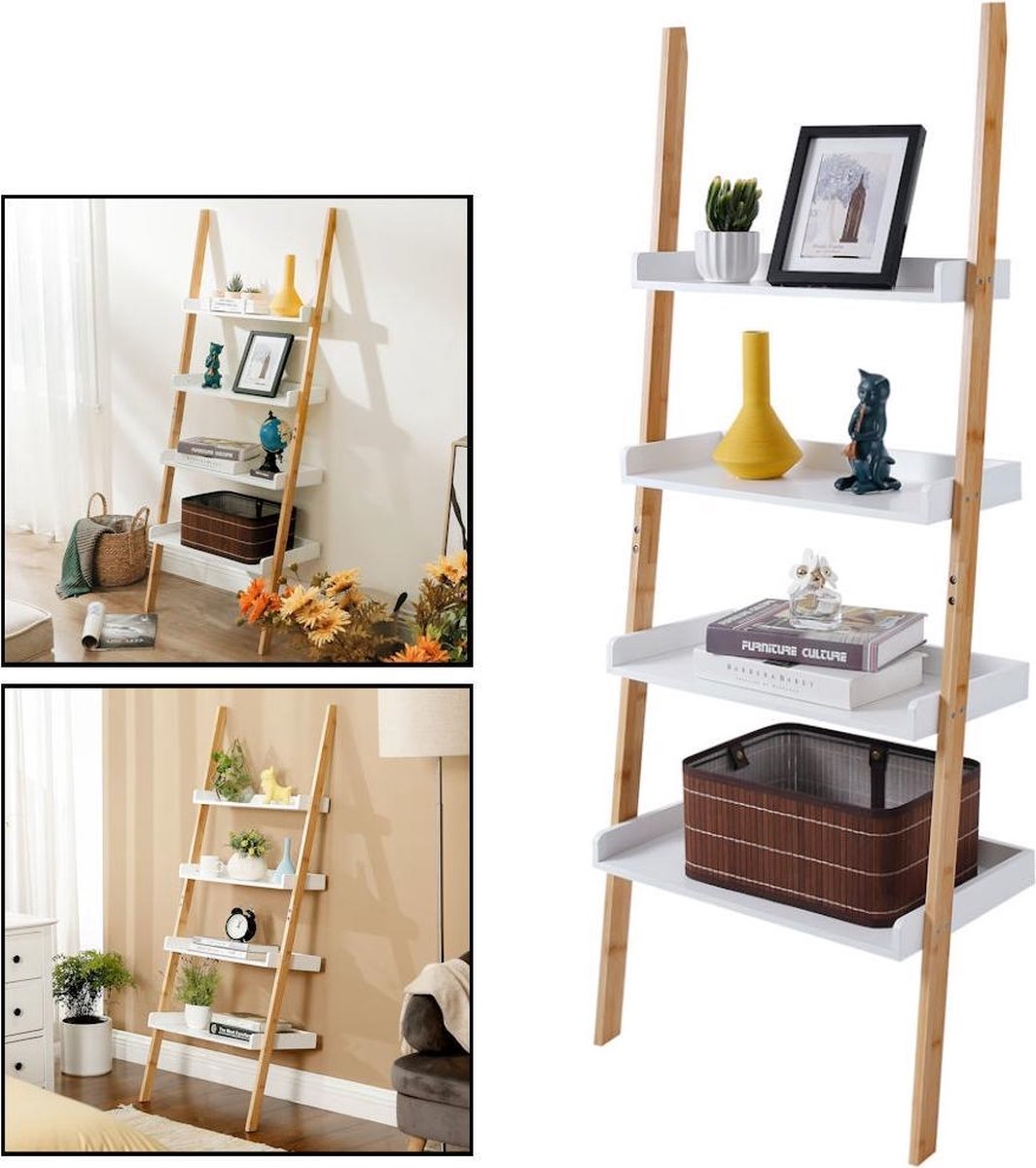 Ladderrek van bamboe hout - Houten decoratie ladder - Open ladderkast / bamboe ladder / plantentrap / boekenkast / traprek / ladder rek - luxe opbergrek met 4 treden - Wit - Decopatent®