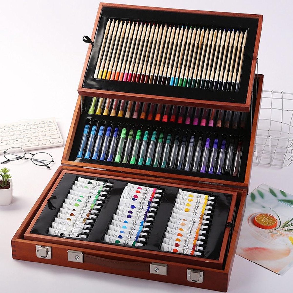 Luxe XL 174 Delige Houten Schilderskoffer - Houten schilderskist - Verfset / Tekendoos - Schilderskoffer - Tekenkoffer - Schilder Set - Complete schilder en tekenset - Schilderskist - 174 Delige Aquarel Tekenset - Decopatent®