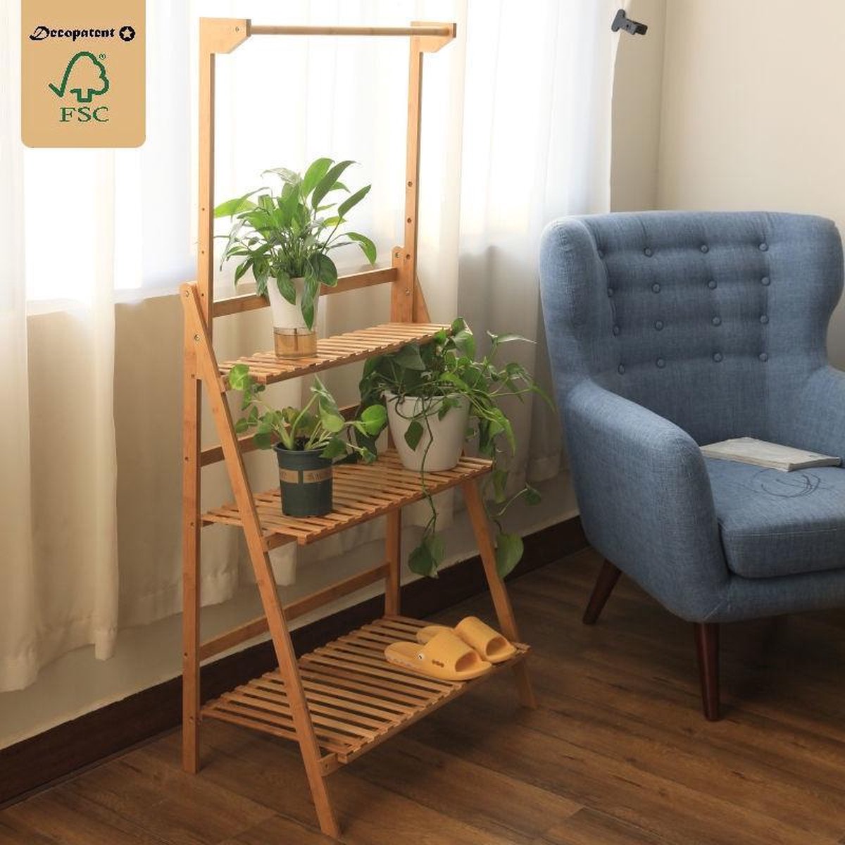 Plantenrek van bamboe hout - Plantentrap / bloemenrek voor binnen - Plantenetagere met 3 etages + Stang voor Hangplanten - Staand rek voor planten en bloemen - Decopatent®