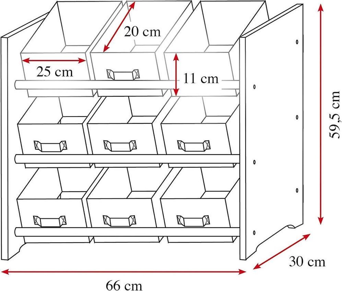 Staand Speelgoedrek - Opbergmeubel - Kindermeubel met 9 Textiele Manden - Voor het opbergen van speelgoed - Afm: 66 x 30 x 59 Cm