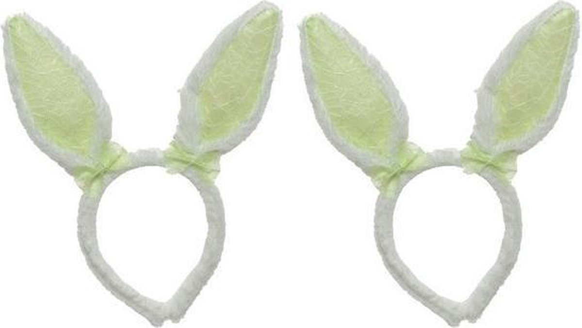 2x Wit/groene Paashaas oren verkleed diademen voor kids/volwassenen - Pasen/Paasviering - Verkleedaccessoires - Feestartikelen