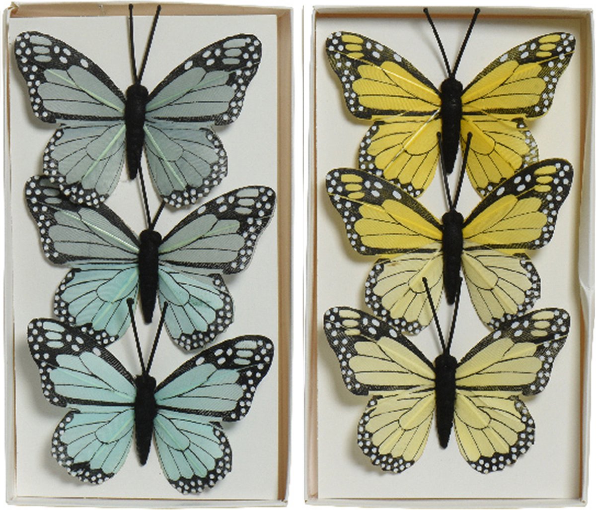 Decoratie vlinders op draad - 6x stuks - blauw - geel - 6 cm