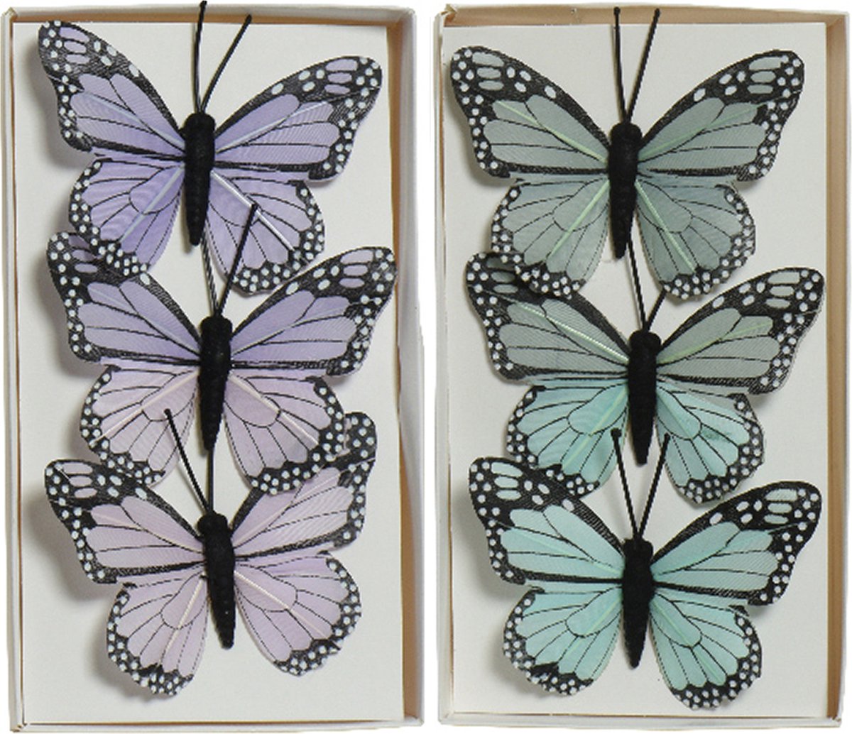 Decoratie vlinders op draad - 6x stuks - blauw - paars - 6 cm