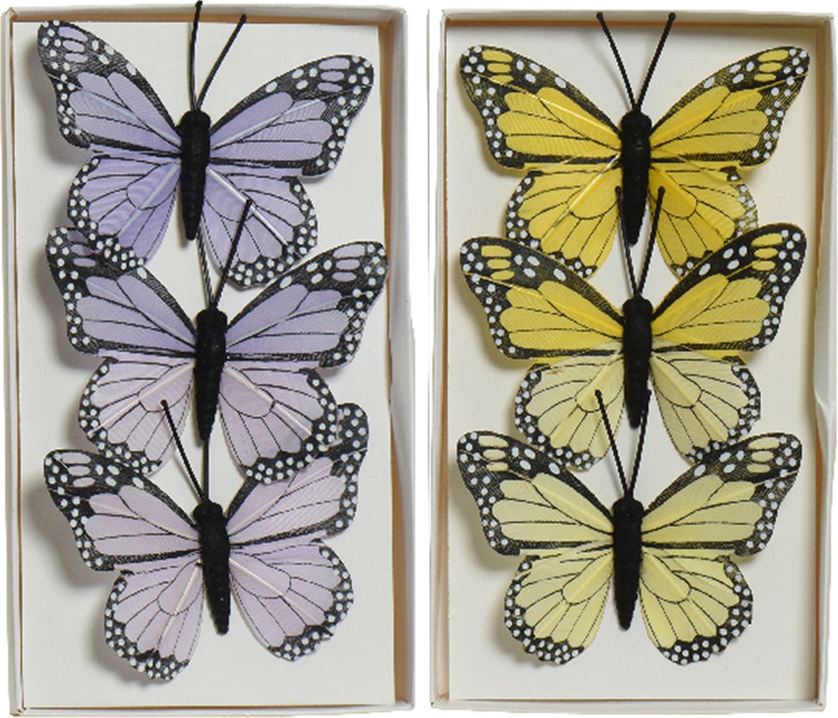 Decoratie vlinders op draad - 6x stuks - geel - paars - 6 cm