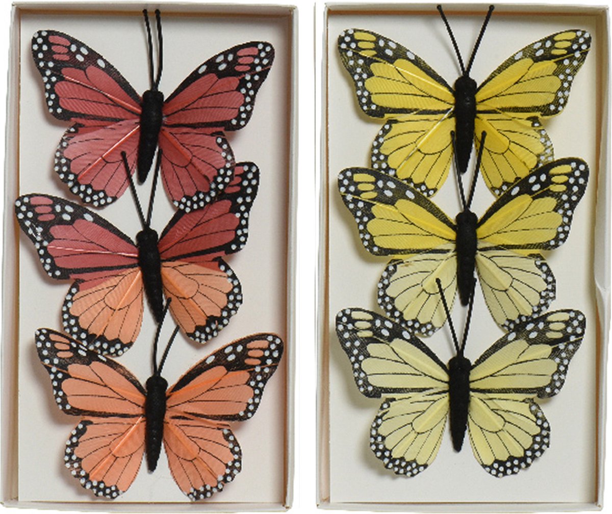 Decoratie vlinders op draad - 6x stuks - rood - geel - 6 cm