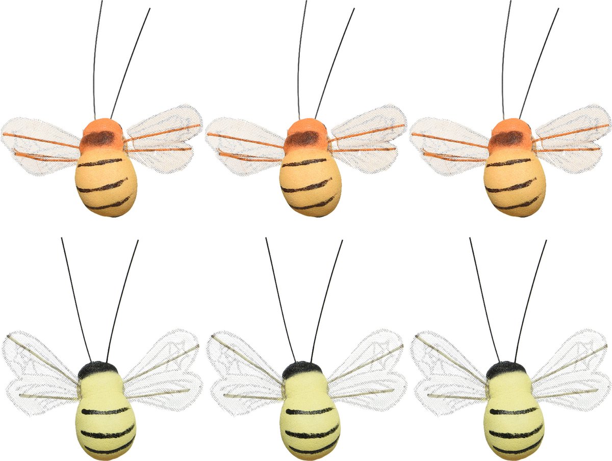 Decoris Paasdecoratie bijen op clip - 6x stuks - 3 x 7 cm - foam - oranje