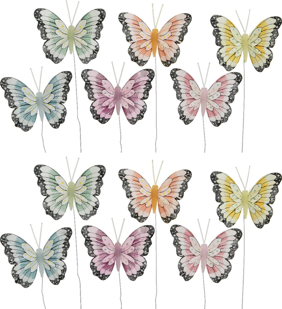 Decoris decoratie vlinders op draad gekleurd - 12x stuks - 8 cm