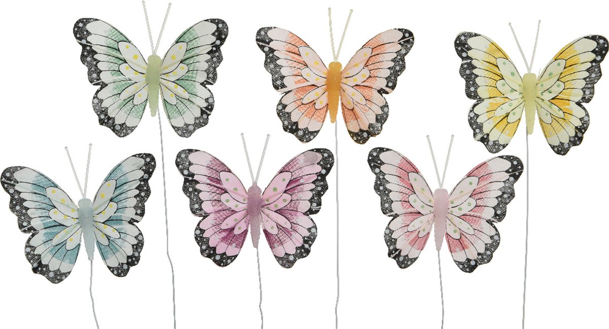 Decoris decoratie vlinders op draad gekleurd - 6x stuks - 8 cm