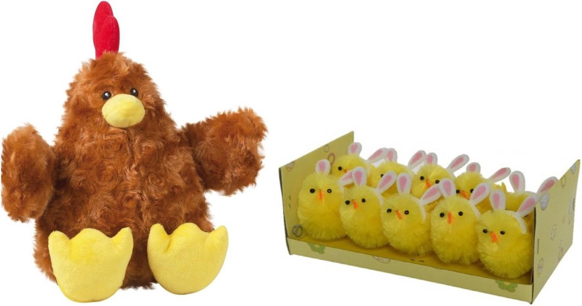 Pluche bruine kippen/hanen knuffel van 23 cm met 10x stuks mini kuikentjes met konijnenoortjes 6 cm - Paas/pasen decoratie