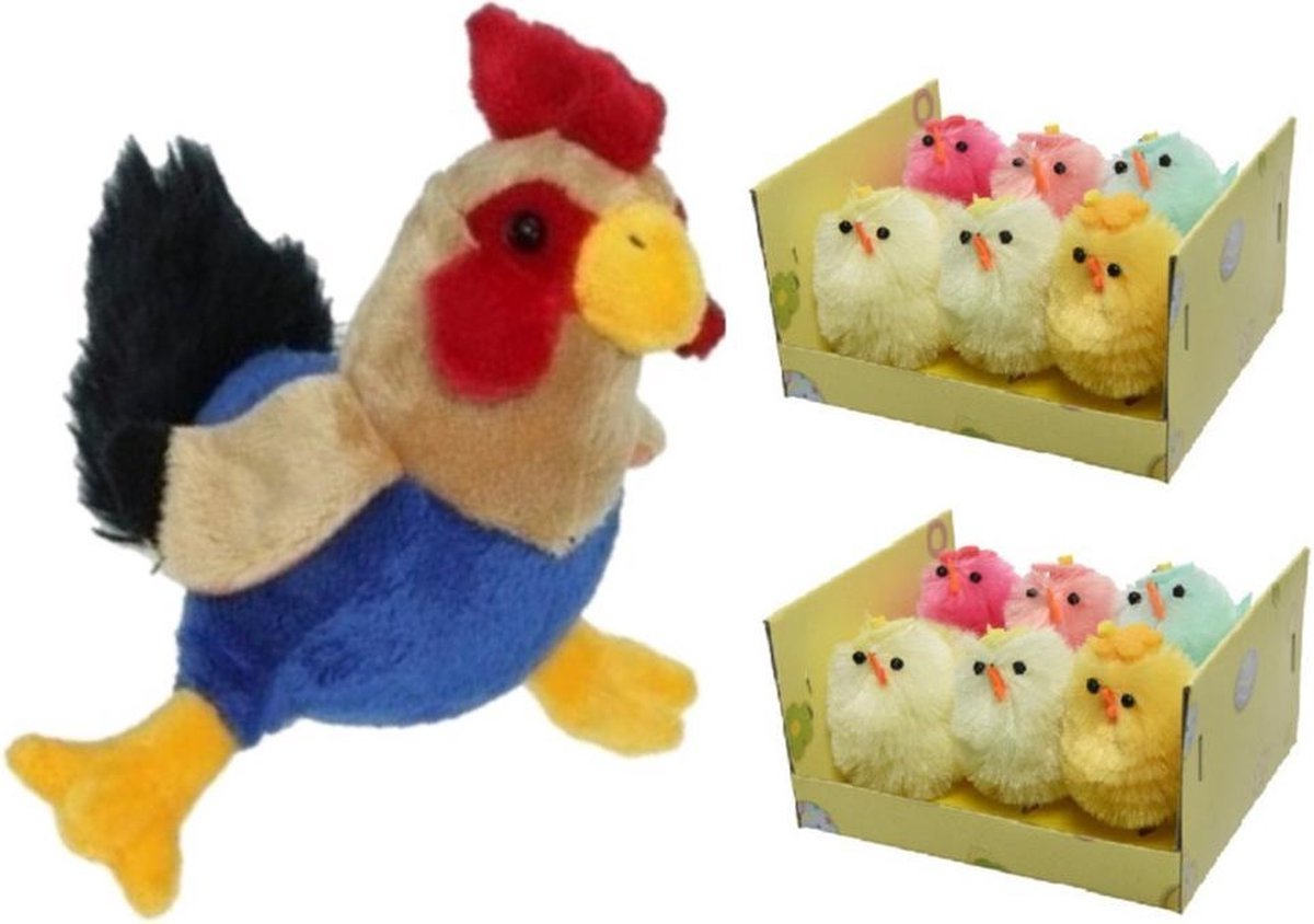 Pluche kippen/hanen knuffel van 20 cm met 12x stuks mini gekleurde kuikentjes 4 cm - Paas/pasen decoratie