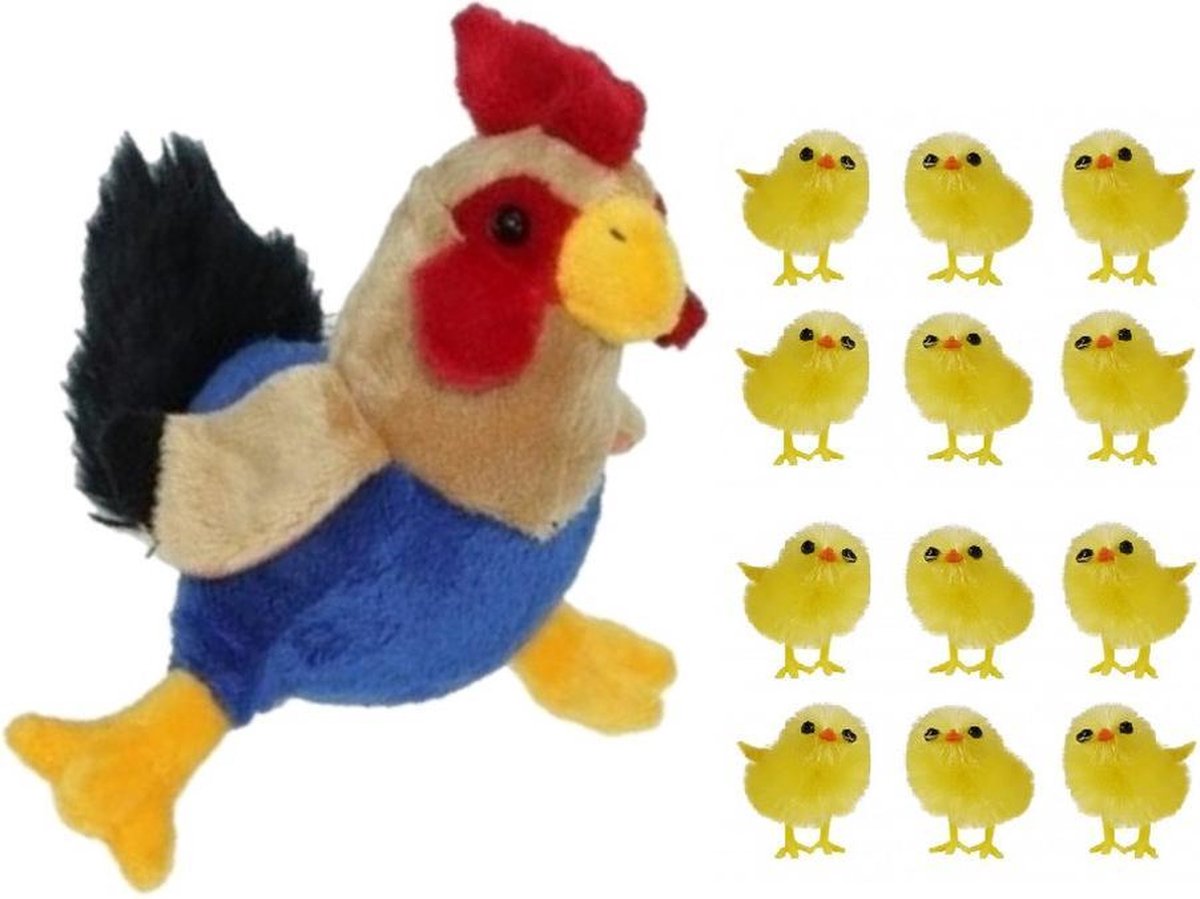 Pluche kippen/hanen knuffel van 20 cm met 12x stuks mini kuikentjes 3,5 cm - Paas/pasen decoratie