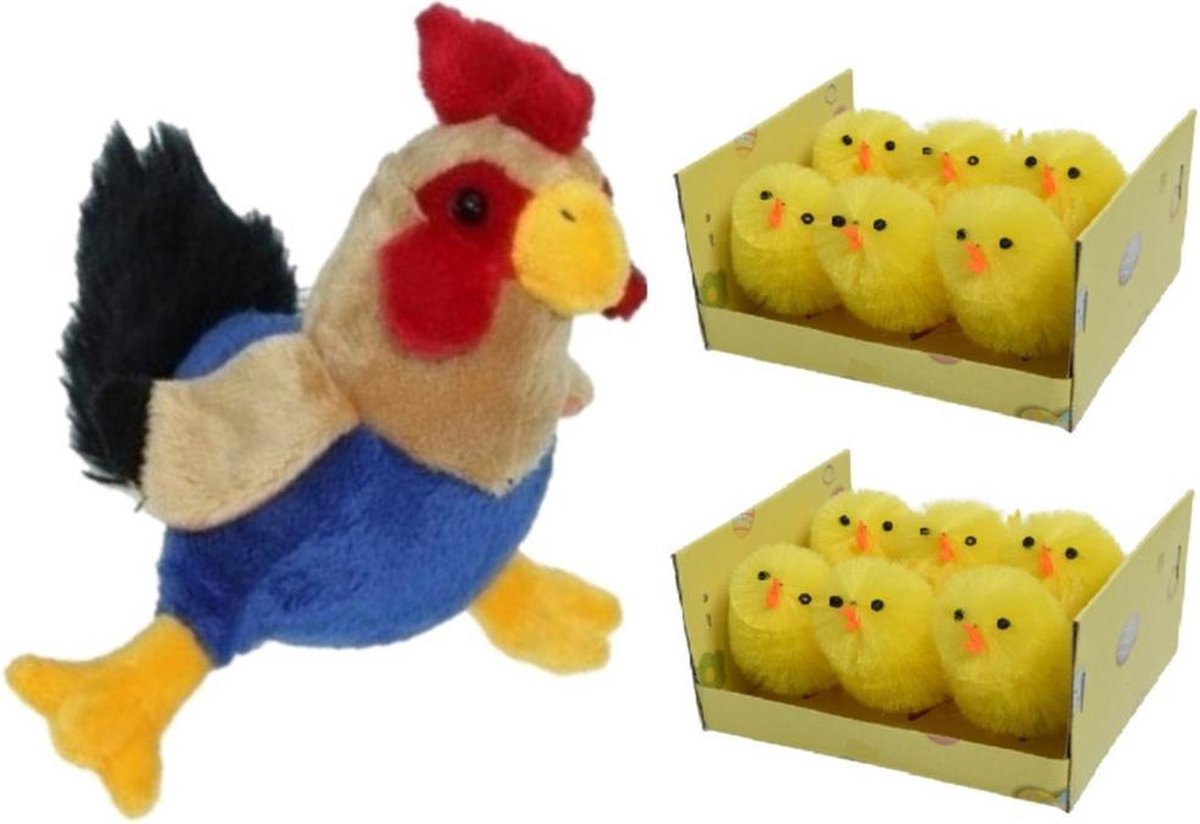 Pluche kippen/hanen knuffel van 20 cm met 12x stuks mini kuikentjes 4 cm - Paas/pasen decoratie