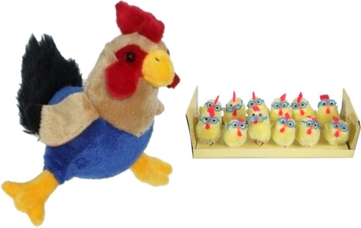Pluche kippen/hanen knuffel van 20 cm met 12x stuks mini kuikentjes met brilletje 4,5 cm - Paas/pasen decoratie