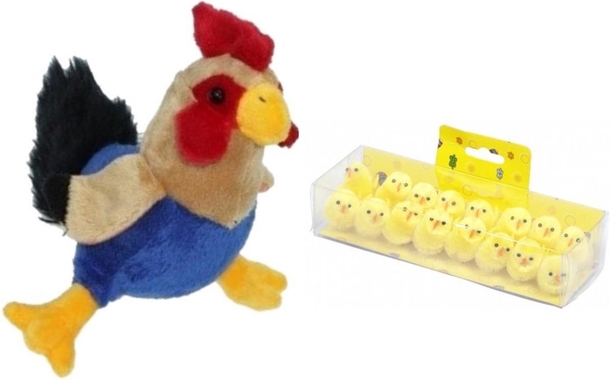 Pluche kippen/hanen knuffel van 20 cm met 16x stuks mini kuikentjes 3,5 cm - Paas/pasen decoratie