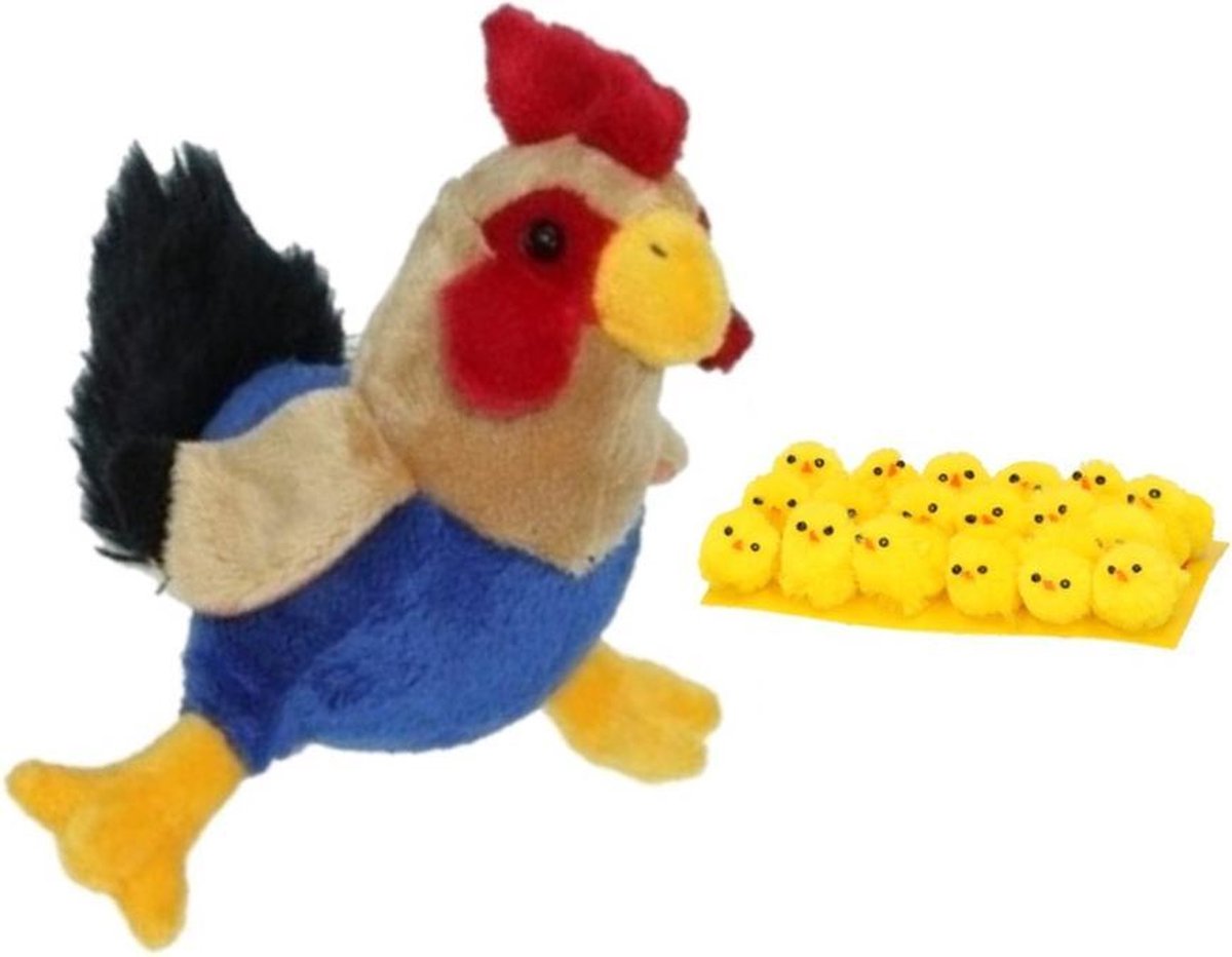 Pluche kippen/hanen knuffel van 20 cm met 18x stuks mini kuikentjes 3 cm - Paas/pasen decoratie