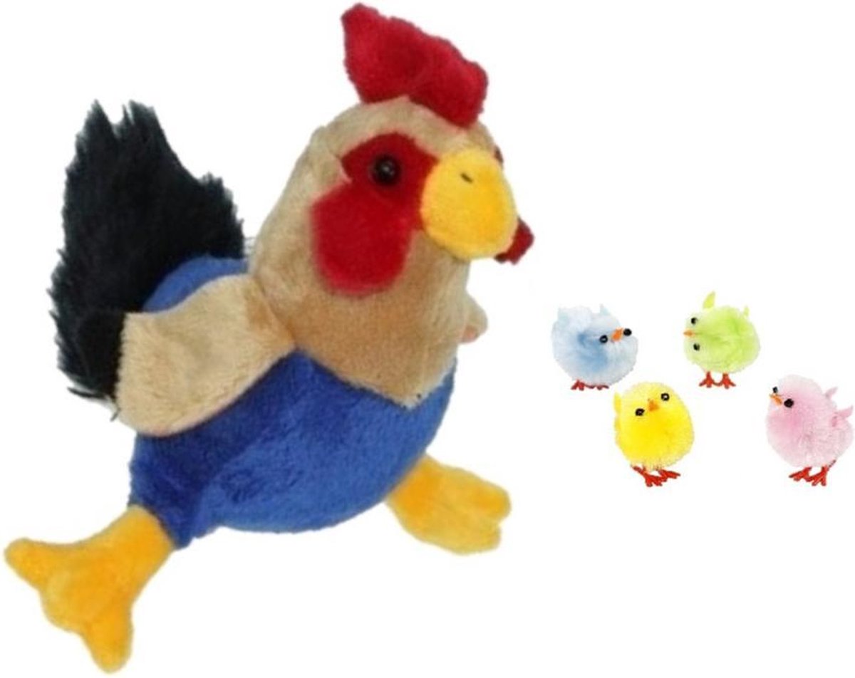 Pluche kippen/hanen knuffel van 20 cm met 4x stuks mini gekleurde kuikentjes 3 cm - Paas/pasen decoratie