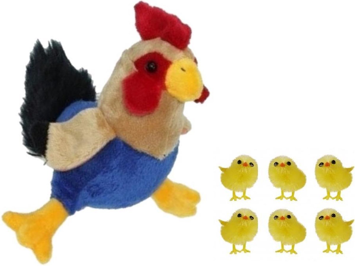 Pluche kippen/hanen knuffel van 20 cm met 6x stuks mini kuikentjes 3,5 cm - Paas/pasen decoratie