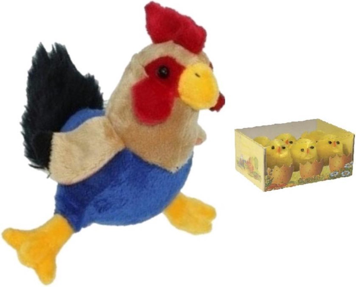 Pluche kippen/hanen knuffel van 20 cm met 6x stuks mini kuikentjes 3,5 cm - Paas/pasen decoratie