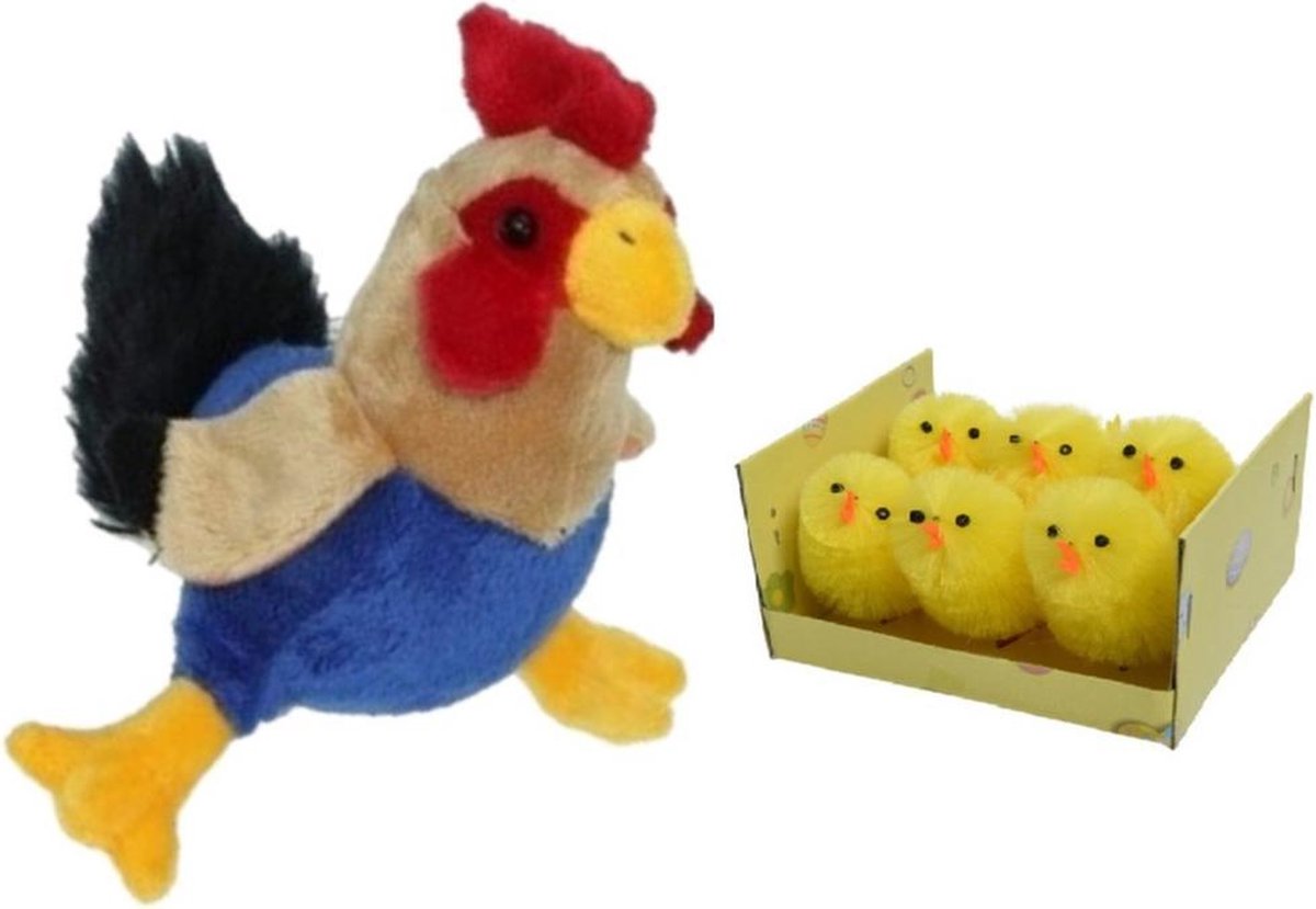 Pluche kippen/hanen knuffel van 20 cm met 6x stuks mini kuikentjes 4 cm - Paas/pasen decoratie