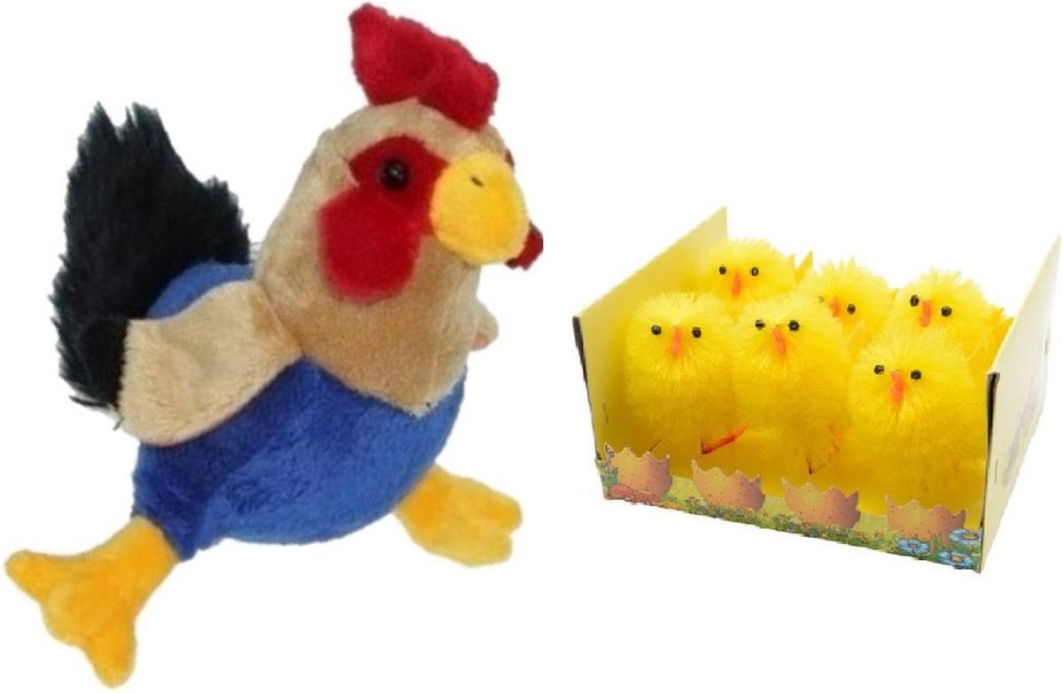 Pluche kippen/hanen knuffel van 20 cm met 6x stuks mini kuikentjes 6,5 cm - Paas/pasen decoratie