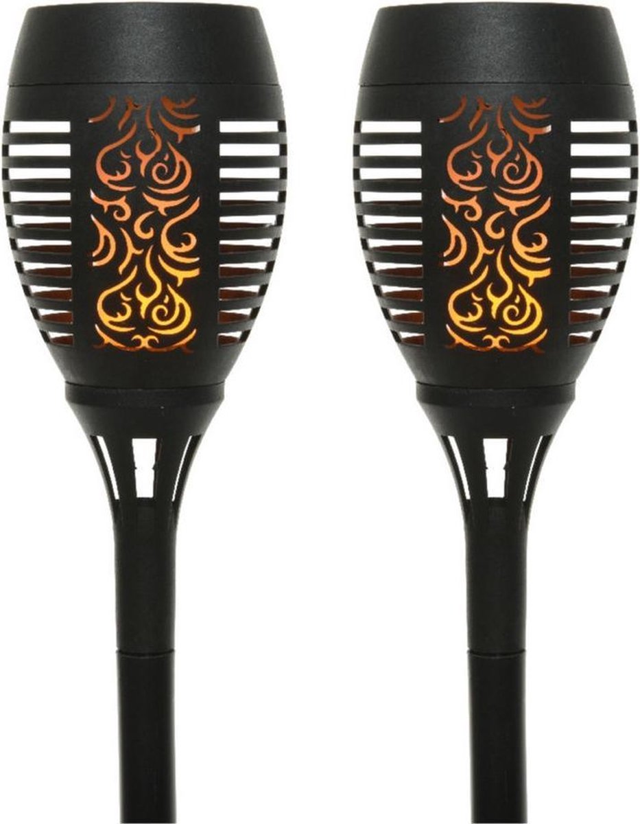 Set van 2x stuks Halloween horror decoratie solar LED tuinfakkels zwart 49 cm - Tuinverlichting/thema feestversiering