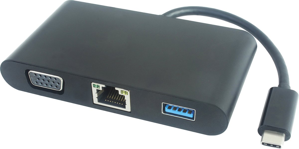 DELTACO USBC-1268 USB-C Docking station met VGA, RJ45, 1xUSB Type A, USB-C-poort voor opladen, 3,5 mm, zwart