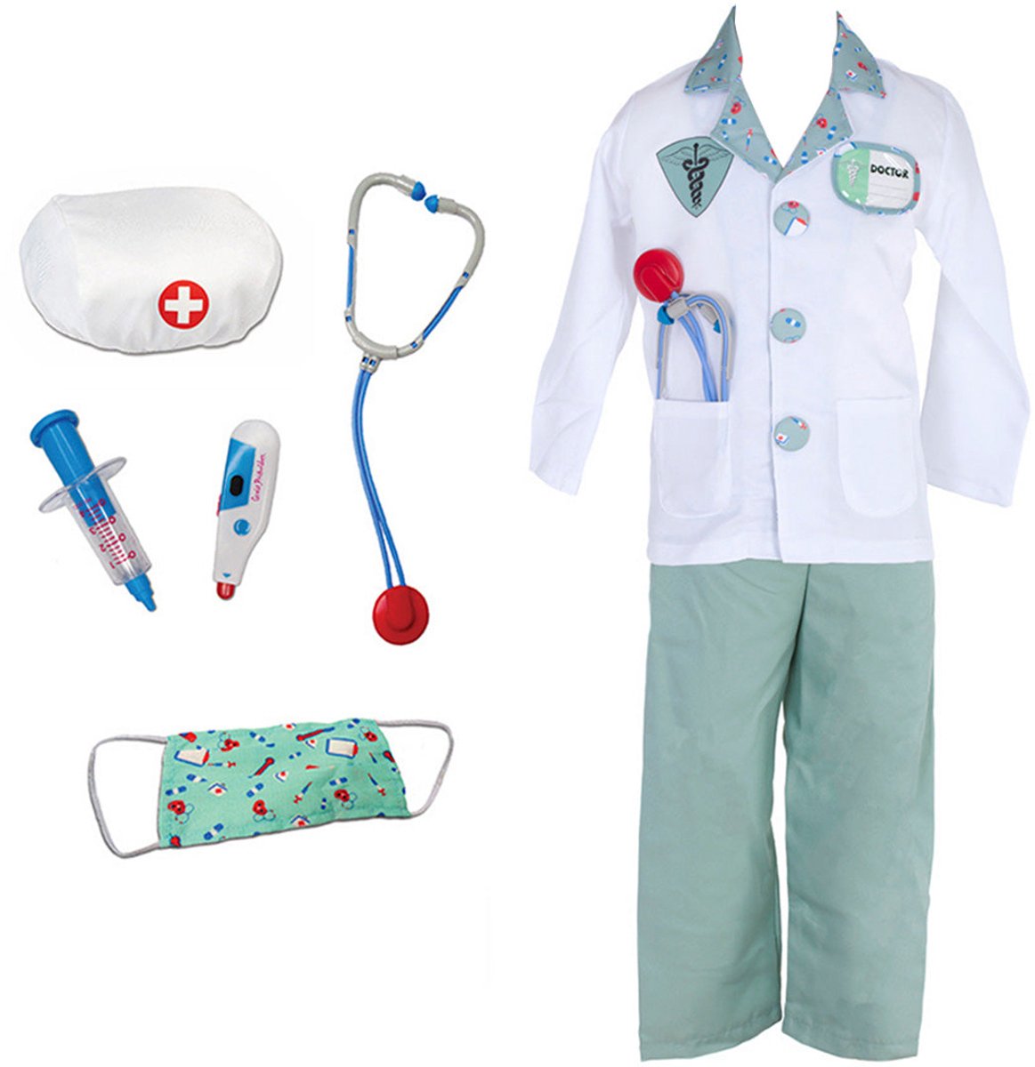 Den Goda Fen Verkleedkledij Dokter - Jas, broek en accessoires - Multi - Maat 3-4 jaar