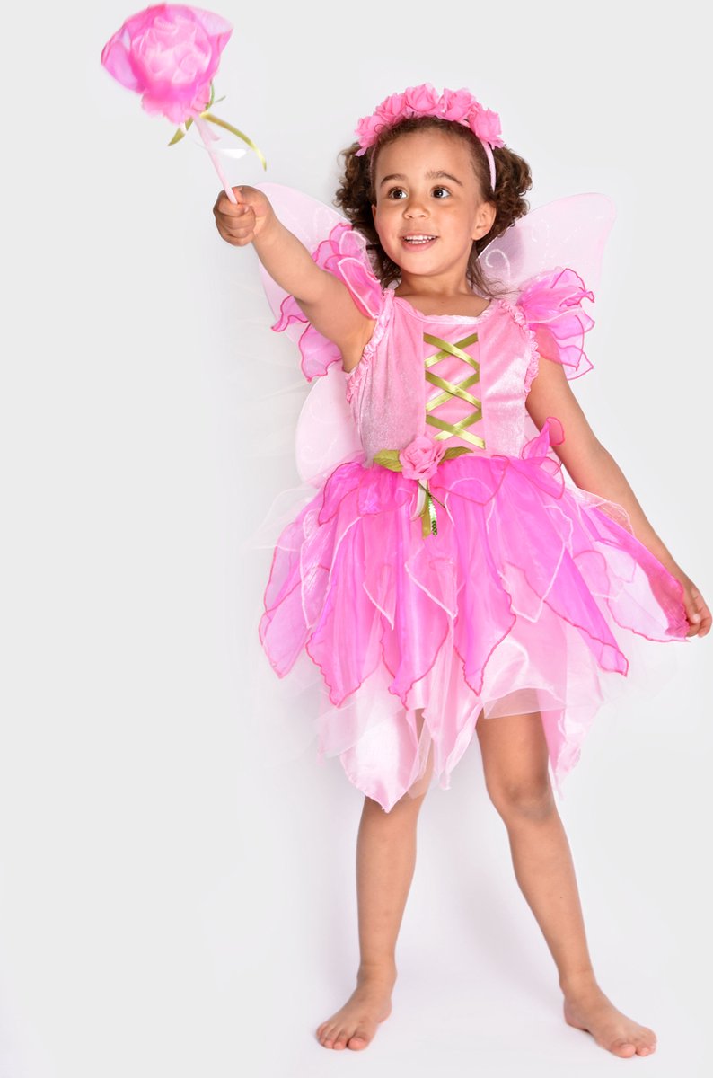 Den Goda Fen Verkleedkledij Fairy Jurk met vleugels, diadeem en toverstaf - 122-128cm - 6-8 jaar