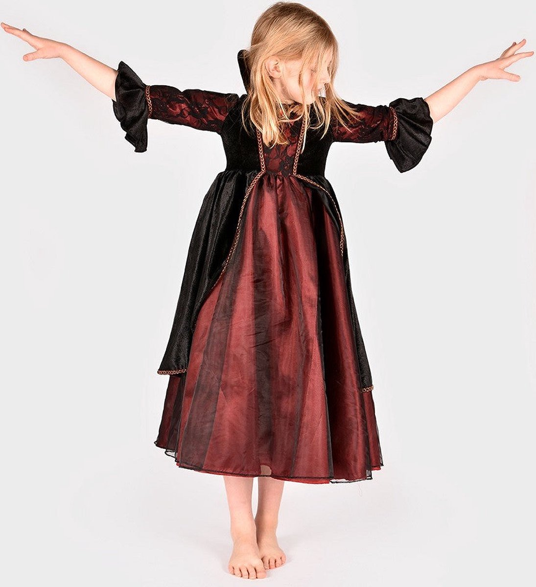 Den Goda Fen Verkleedkledij Vampier Koningin - Velvet, chiffon jurk - 110-116cm - 4-6 jaar - Rood/Zwart