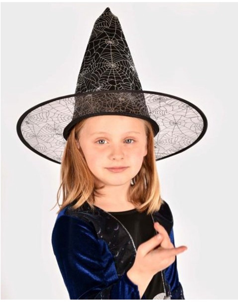 Den Goda Fen heksenhoed zwart zilver 40cm - verkleedhoed kinderen.
