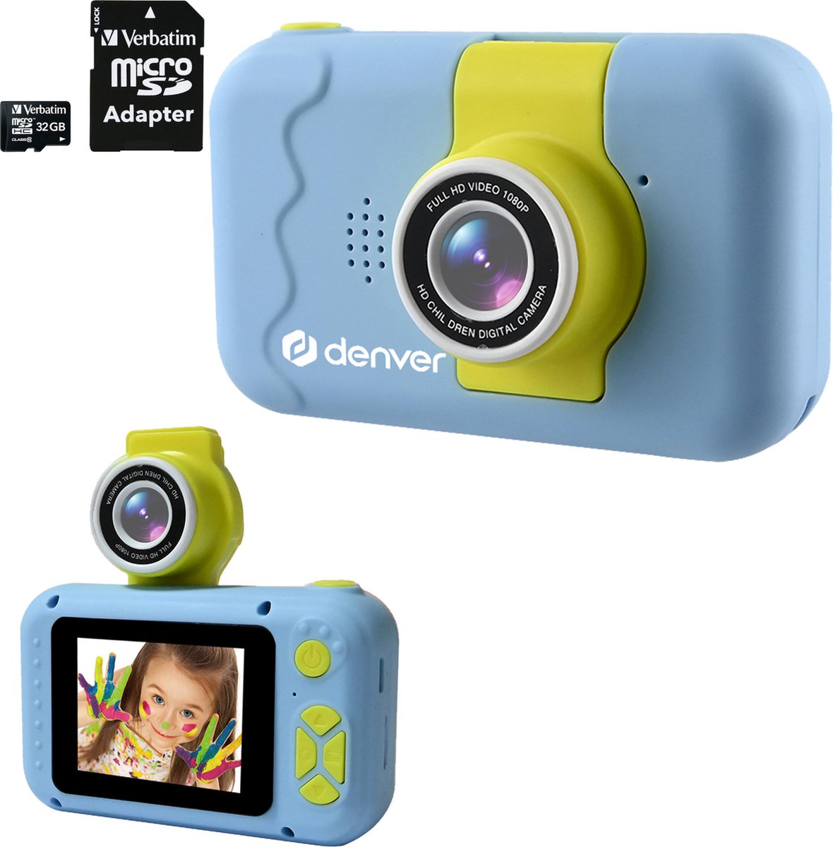 Denver Kindercamera FULL HD - INCL. 32GB SD KAART - Camera Voor & Achter - 40MP - Speelgoed Fototoestel - KCA1350 - Blauw