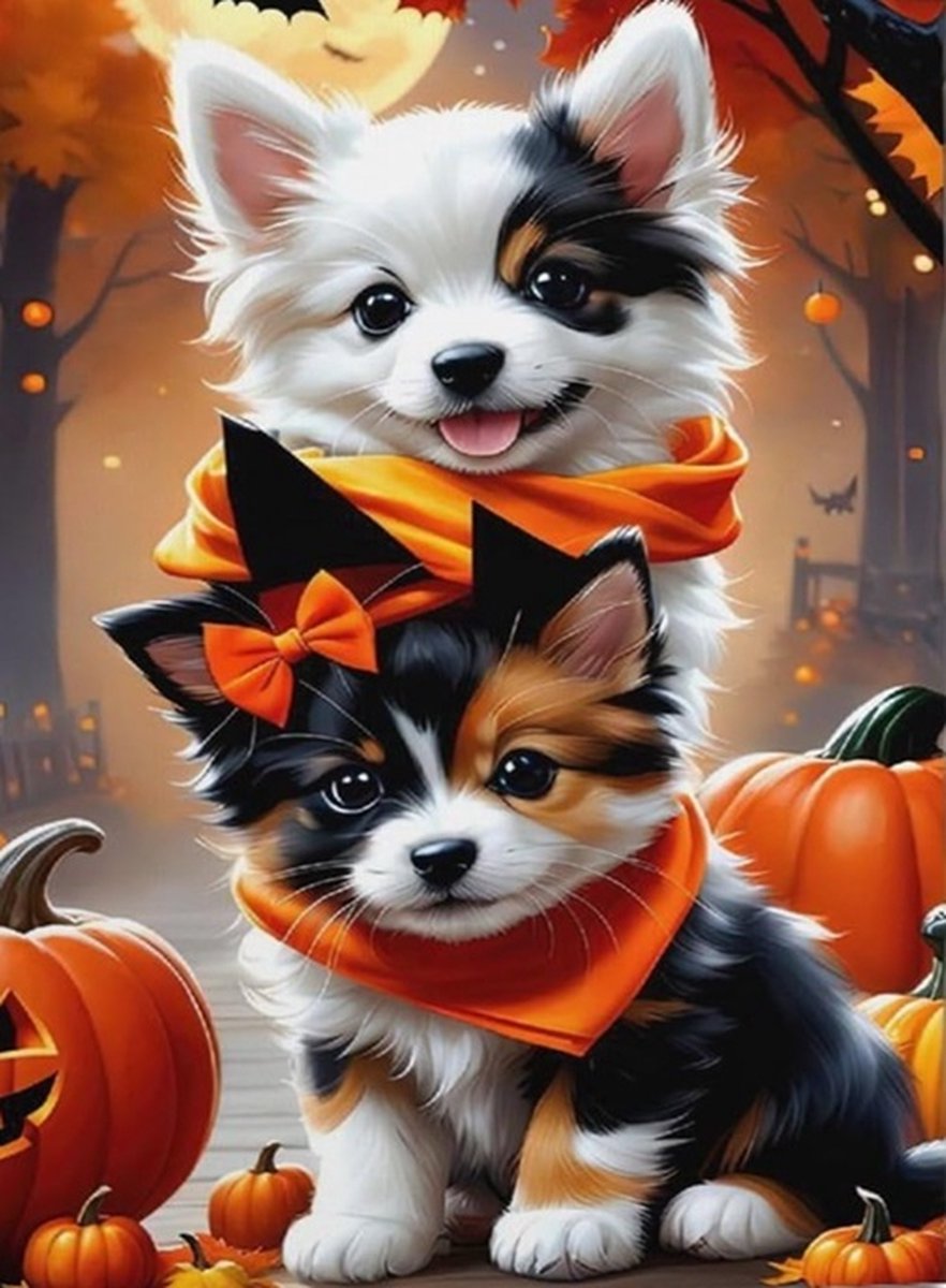 Diamond Painting 2 x mooie honden puppy - Halloween - 40 x 50 volledige bedrukking direct leverbaar