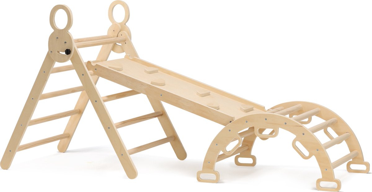   Luxe Opvouwbare Driehoek met Klimboog en Helling met  /Glijbaan - Montessori Meubels Houten Speelgym