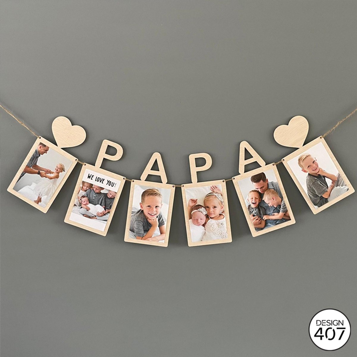 Design407 - Houten Fotoslinger Papa - Slinger - Foto - Fotos 10 x 15cm - Hout - Houten Decoratie - Vader - Cadeau voor Hem - Verjaardag cadeau - Gift - Cadeautje - Vaderdag cadeautje - Vaderdag