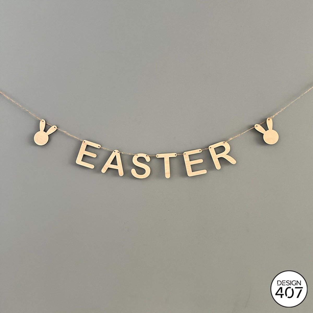 Design407 - Houten Letterslinger Easter - Pasen - Paashaas - Paasdecoratie - Paasversiering - Houten Slinger - Houten Decoratie - Feestdecoratie - Slinger - Slingers - Jute Touw - Hout