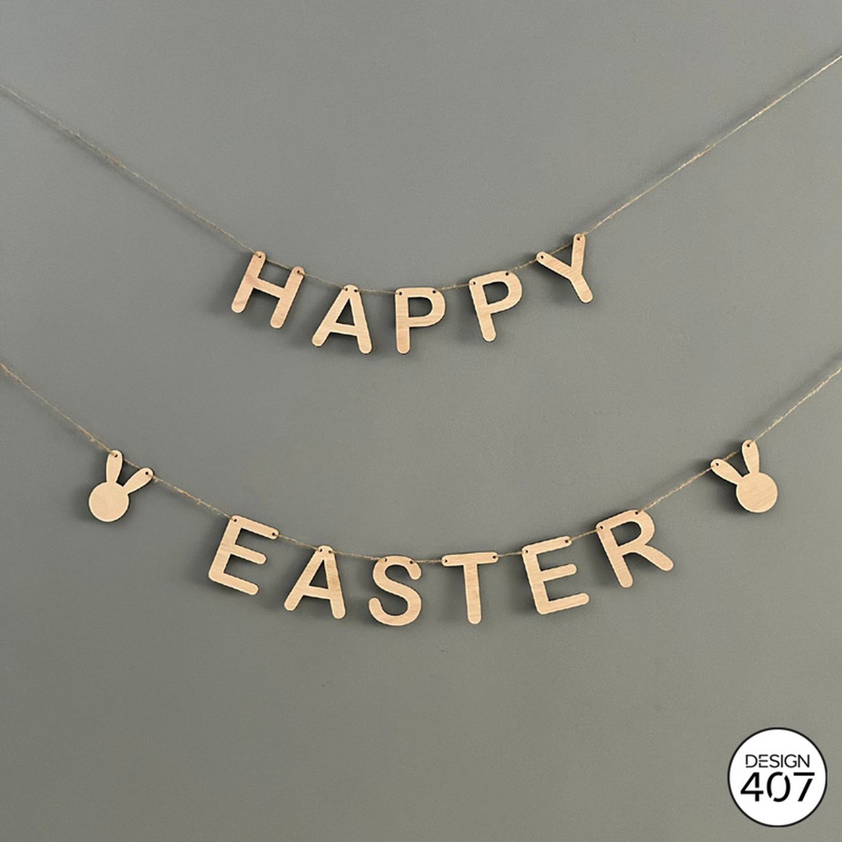 Design407 - Houten Letterslinger Happy Easter - Pasen - Paashaas - Paasdecoratie - Paasversiering - Houten Slinger - Houten Decoratie - Feestdecoratie - Slinger - Slingers - Jute Touw - Hout